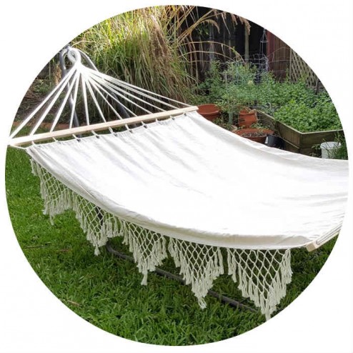 Large White Canvas Hammock with Spreader Bar and Tassels
