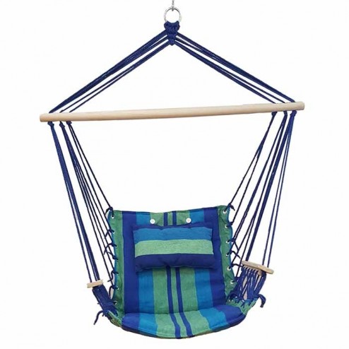 Blue Padded Hammock Chair with Wooden Arm Rests and Pillow