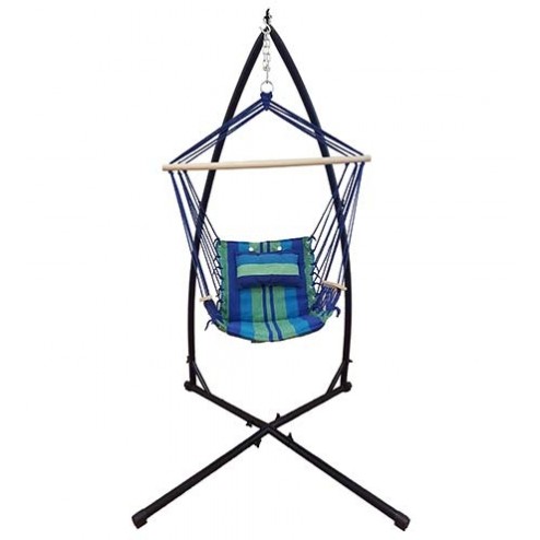 Blue Padded Hammock Chair with Wooden Arm Rests and Pillow with Stand