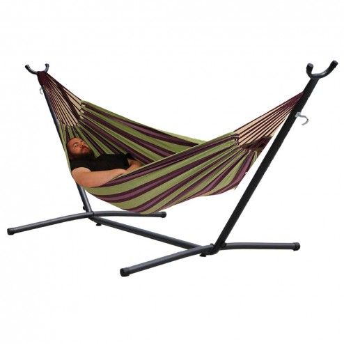 Relax Double Hammock & Frame Combo in Purple and Green isolated