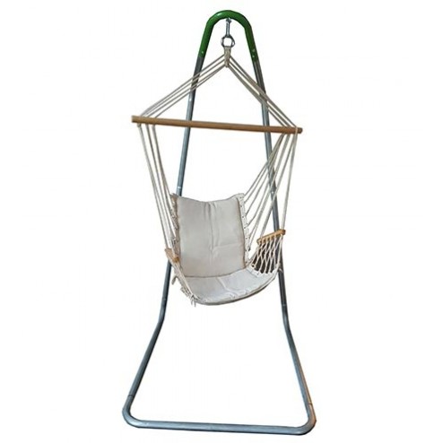 Beige Padded Hammock Chair with Wooden Arm Rests with U Stand
