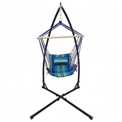 Blue Padded Hammock Chair with Wooden Arm Rests and Pillow with Stand